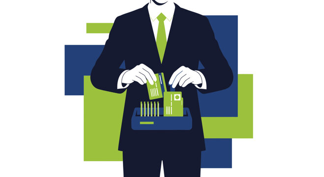 Businessman Inserting Cards into Machine for Financial Transactions