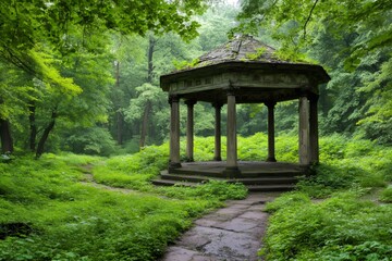 Naklejka premium Ancient stone gazebo standing in lush green forest