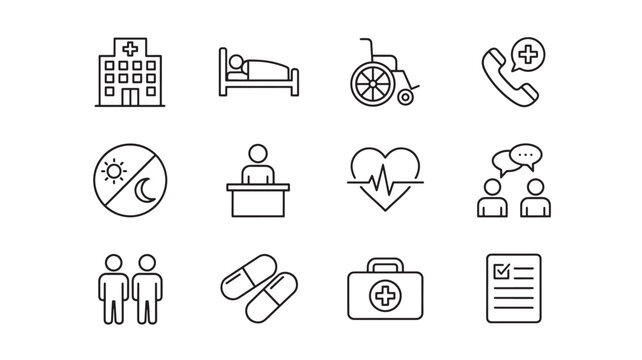 Icons representing healthcare and medical services with hospital, bed, wheelchair, call, pills, and more for digital design.