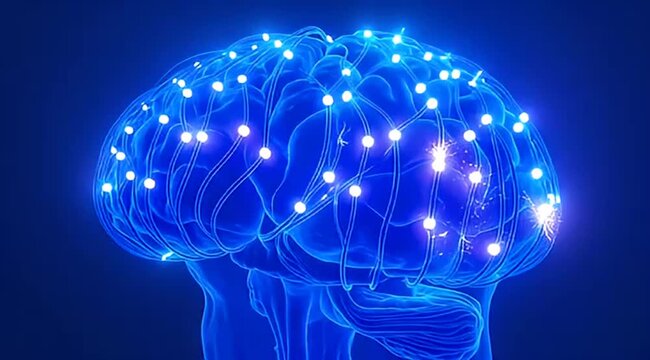 Human brain illuminated with neural network pathways showing activation and connectivity