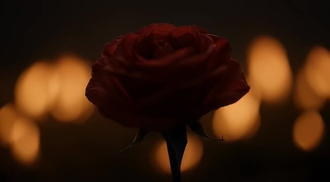 A strikingly dramatic close up of a red rose with glowing bokeh background