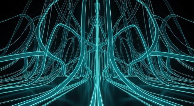 Abstract glowing blue-green lines forming a complex network against a dark background, suggesting data flow or futuristic technology.