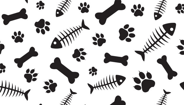 Paw prints, dog bones, and fish skeletons form a repeating pattern on a white background featuring animal, pet, cat with seamless and illustration