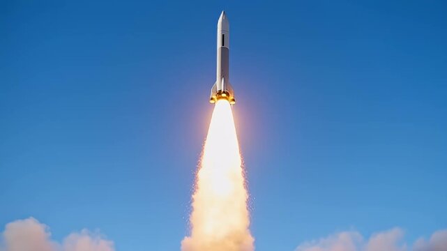 Powerful rocket launch against a clear blue sky with exhaust and clouds