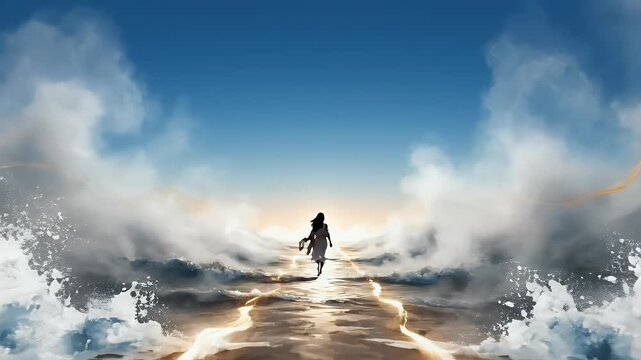 A solitary figure in a white gown walks on a sandy path between parted ocean waves