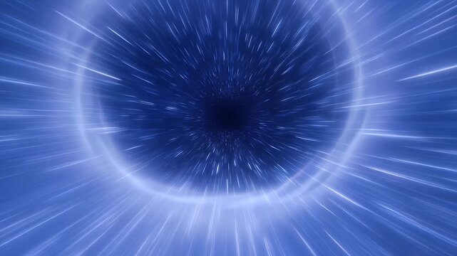 Abstract Blue Hyperspace Tunnel with Glowing Light Streaks and Dark Center Horizon