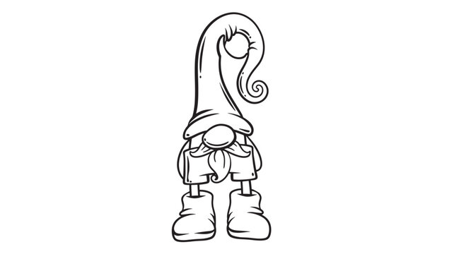 Gnome character illustration with a tall curled hat, a beard, and buckled boots, presented as a simple line art drawing.