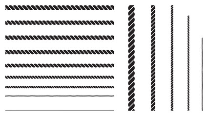 Rope graphic elements featuring various thicknesses and lengths in a clean black and white design. featuring cord, twine, line with strand and thick © skakter24