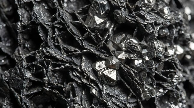 Macro photograph reveals intricate structures of dark, highly lustrous hematite crystals nestled within flaky matrix