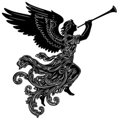 Naklejka premium black vector illustration of a majestic winged angel playing a trumpet. The design features intricate line-work in the feathers and flowing garments, capturing a sense of divine heraldry
