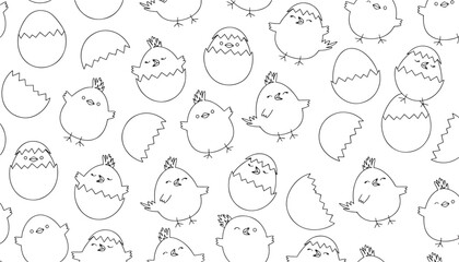 Chicks hatching from cracked eggs in a repeating black and white pattern, cute and playful illustration for Easter. © skakter24