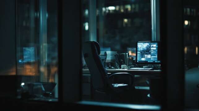 An office is dark except for a bright monitor. An empty chair sits at the desk, symbolizing late night work and solitude in the workplace.