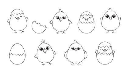Chicks and eggs in black and white line art style for coloring pages or childish designs, featuring various cute characters. © skakter24