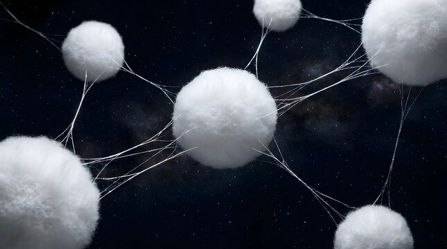 Abstract concept illustrating interconnected white spherical objects linked by fine, delicate strands against darkness