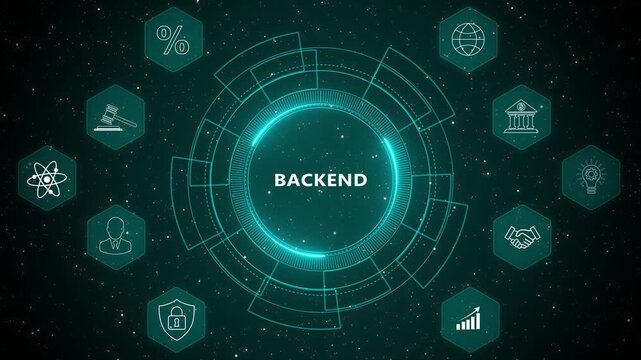 Futuristic backend technology interface with secure data processing environment and digital infrastructure system animation