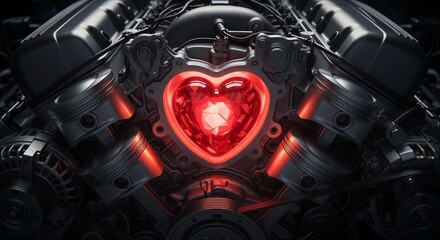 Obraz premium Glowing red heart shaped engine core with dark metallic components