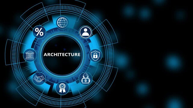 Futuristic system architecture interface with digital infrastructure design and advanced computing network framework animation