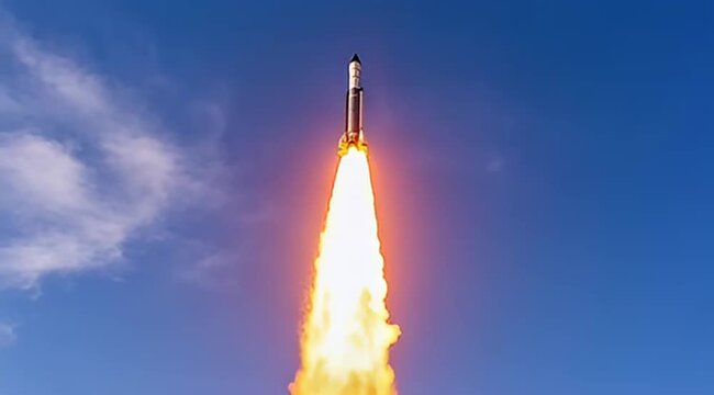 Dramatic rocket launch soaring through the sky with brilliant fiery exhaust