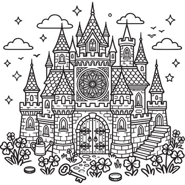 Cute Fantasy Fairy Tale Castle Coloring Page for Kids Magical Kingdom Line Art Illustration