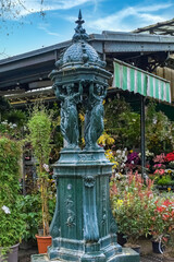 Obraz premium Paris, a Wallace fountain in the stalls of the «&nbsp;Marché aux fleurs&nbsp;» on the ile de la Cité, in the historic center 
