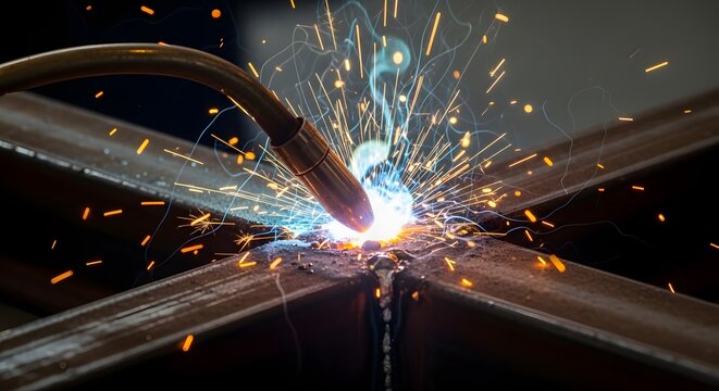 Close-up of a welding torch creating a bright spark shower on metal beams.