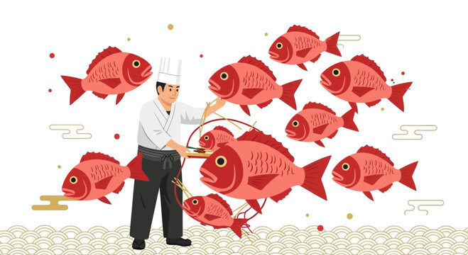 Chef preparing fresh red snapper fish for meal, surrounded by a school of fish