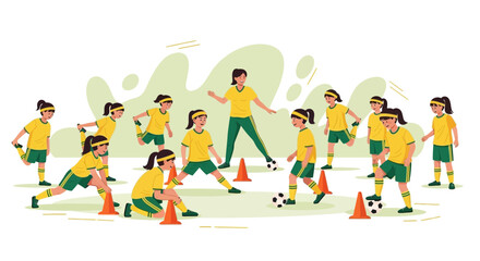 Fototapeta premium Children's soccer team training with coach, practicing drills and exercises on field