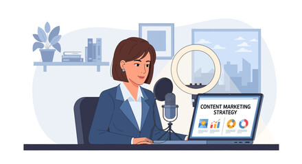 Content Marketing Strategy: Woman Podcaster Recording Online Video with Ring Light