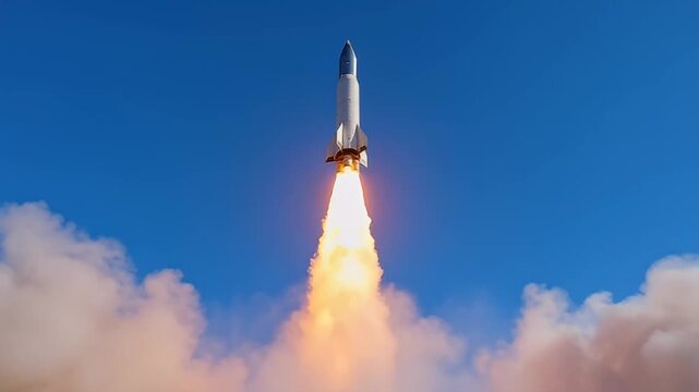 Dynamic rocket launch against a clear blue sky, with powerful fiery exhaust