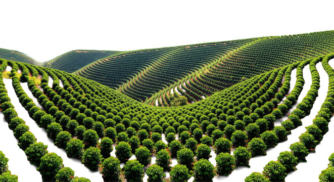 Ultra-wide aerial dronescape of vast, symmetrical, terraced coffee plantations on steep hillsides with glossy green foliage, rich dark soil, distant blue mountains, high copy space, concept of