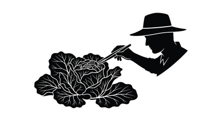 A striking black silhouette depicts a man with a hat examining a large cabbage with chopsticks silhouette © Komla02