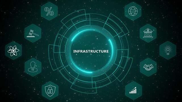 Futuristic digital infrastructure interface with advanced technology network system and computing environment animation