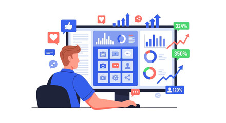 Man analyzing data on a large computer screen with various charts and graphs in a modern office environment