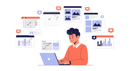 A man working on a laptop surrounded by various charts and graphs in a modern workspace