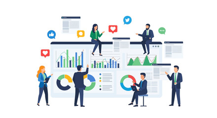 Obraz premium Professionals collaborating on data analysis in a modern office environment from a high viewpoint