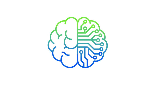 Gradient Line Icon of Human Brain with Circuit Board. AI, Machine Learning, Digital Intelligence and Technology Integration Concept.