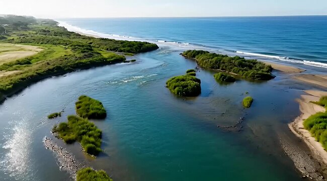 Aerial view of a scenic river mouth with coastal vegetation and ocean waves