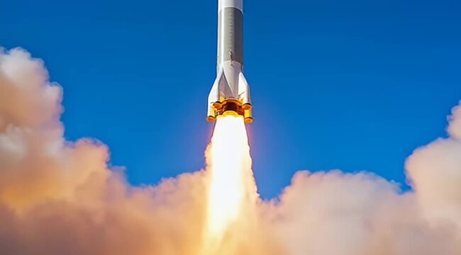 Powerful rocket launch against a vibrant blue sky with billowing clouds