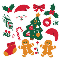 Christmas flat icons set, festive elements, Santa hat, holly, candy cane, gingerbread man, ornament, pine branch, celebration icons