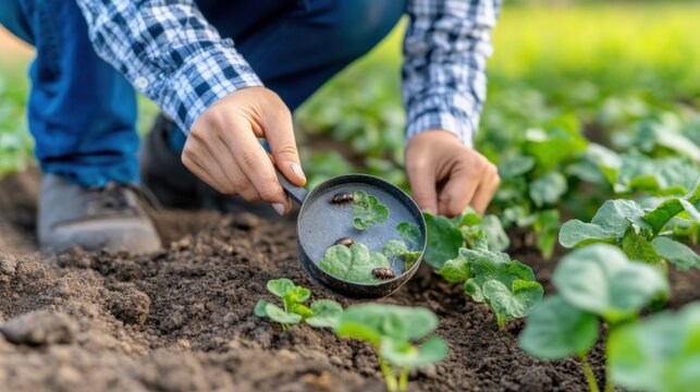 Farmer Inspects Pest Damage on Crop Plants with Magnifying Glass