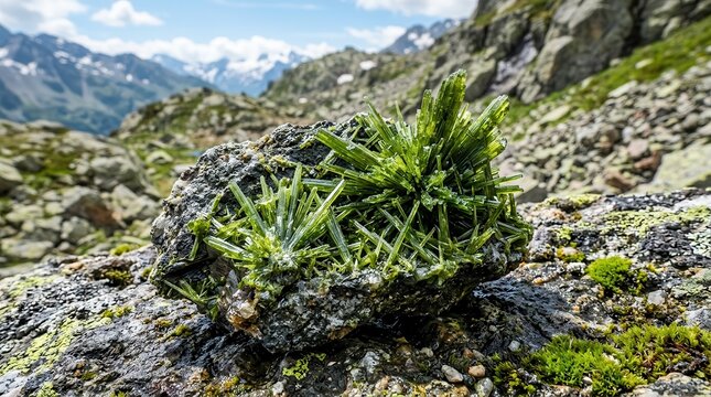 Vibrant green epidote crystal formation emerging from a rugged rock in a mountainous alpine landscape