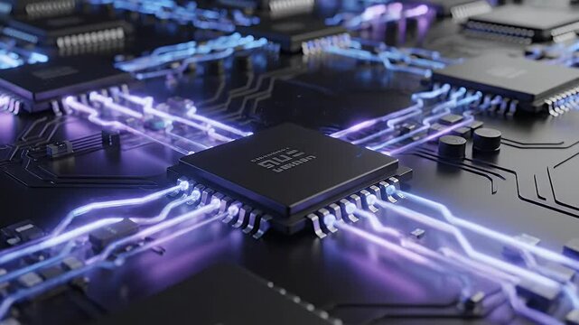 Advanced microchips and pathways illuminated by glowing blue digital energy
