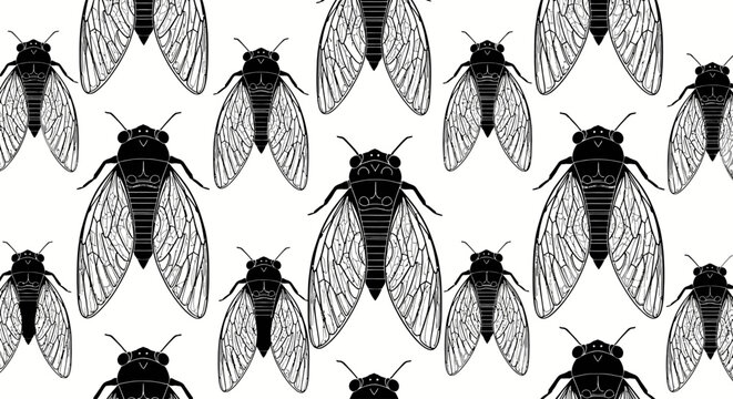 Black and white illustration of cicadas in a repeating pattern.