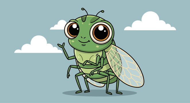 Cartoon green cicada with large eyes and wings against a cloudy sky.