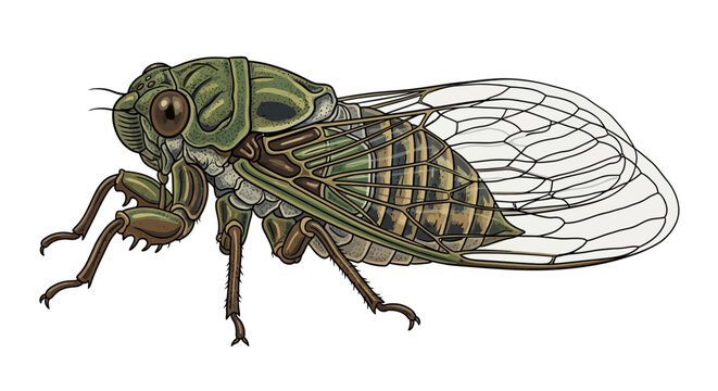 Detailed illustration of a green cicada insect with transparent wings.