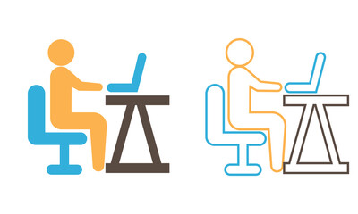 Fototapeta premium Work From Home House Office Icon . Remote Work. Minimal house icons showing a person working on a laptop at a desk, representing remote work and home office lifestyle.