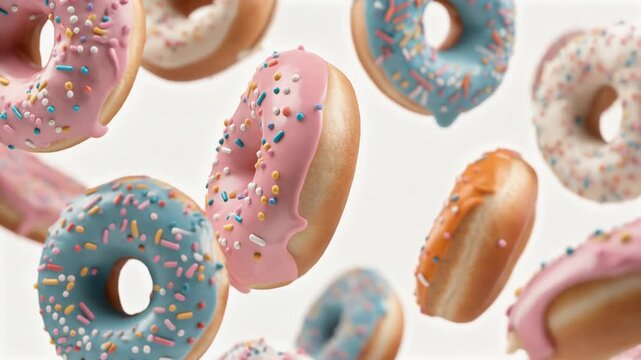 Colorful sprinkled donuts with pink blue and orange icing floating on white background