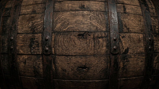 Natural dry aged oak barrel texture background with dark oak wood and circular stave grain, whiskey artisan surface ideal for distillery brand premium food or heritage corporate design