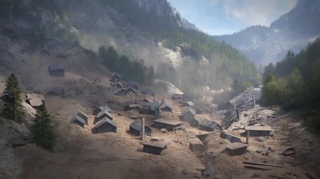 Aerial view of massive mud and rock landslide burying mountain village  
