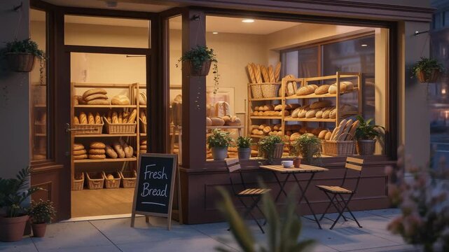 Cozy bakery shop with fresh bread and outdoor seating in warm evening light